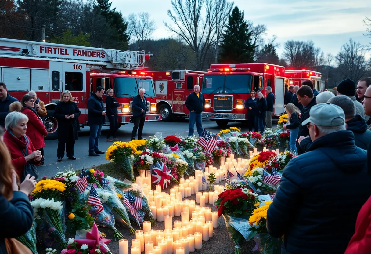 Community gathering to honor fallen firefighters with candles and flowers.