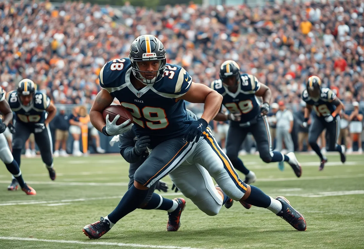 Football player making a tackle, representing Ole Miss football commitment.