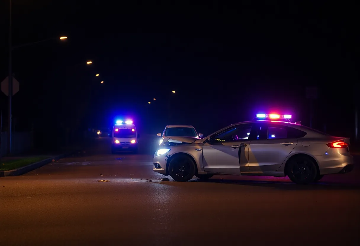 Scene of a car crash after a drag racing incident with police presence.