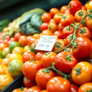 A variety of fresh Mexican tomatoes on display at a grocery store.