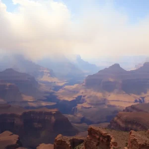 Smoke rising over the Grand Canyon landscape after the lodge fire