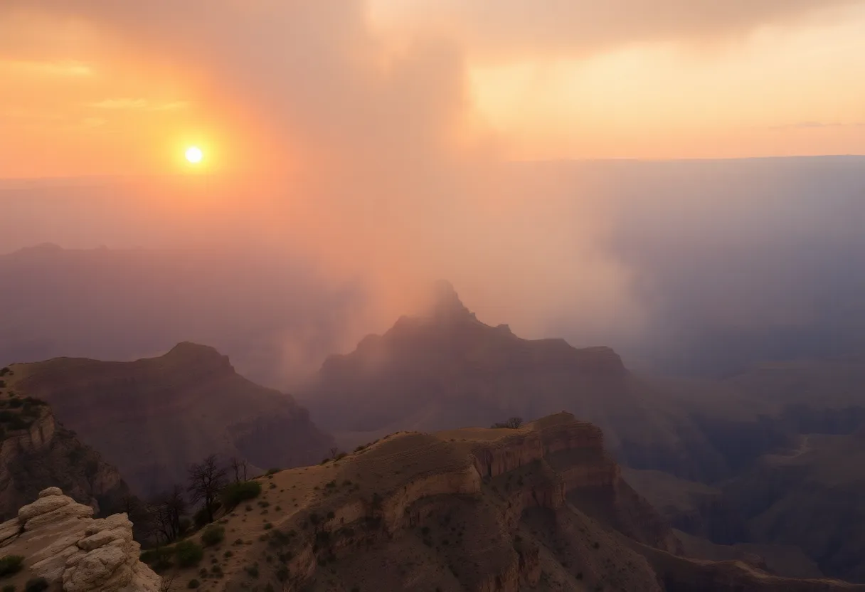 Aerial view of the Grand Canyon affected by wildfire smoke and damage.