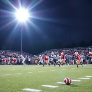 Action-packed moment of high school football players during a game in Mississippi.