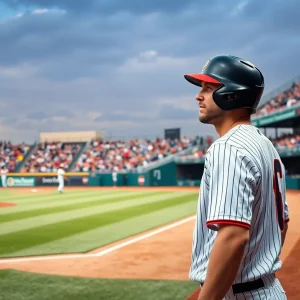 A college baseball field filled with enthusiastic fans, showcasing a player preparing for a game.