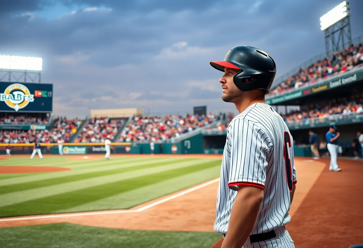 A college baseball field filled with enthusiastic fans, showcasing a player preparing for a game.