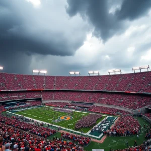 College football stadium under stormy skies due to Hurricane Rafael