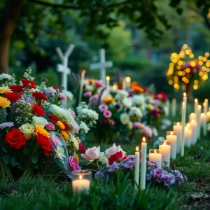 A peaceful garden with flowers and candles, representing a memorial gathering.
