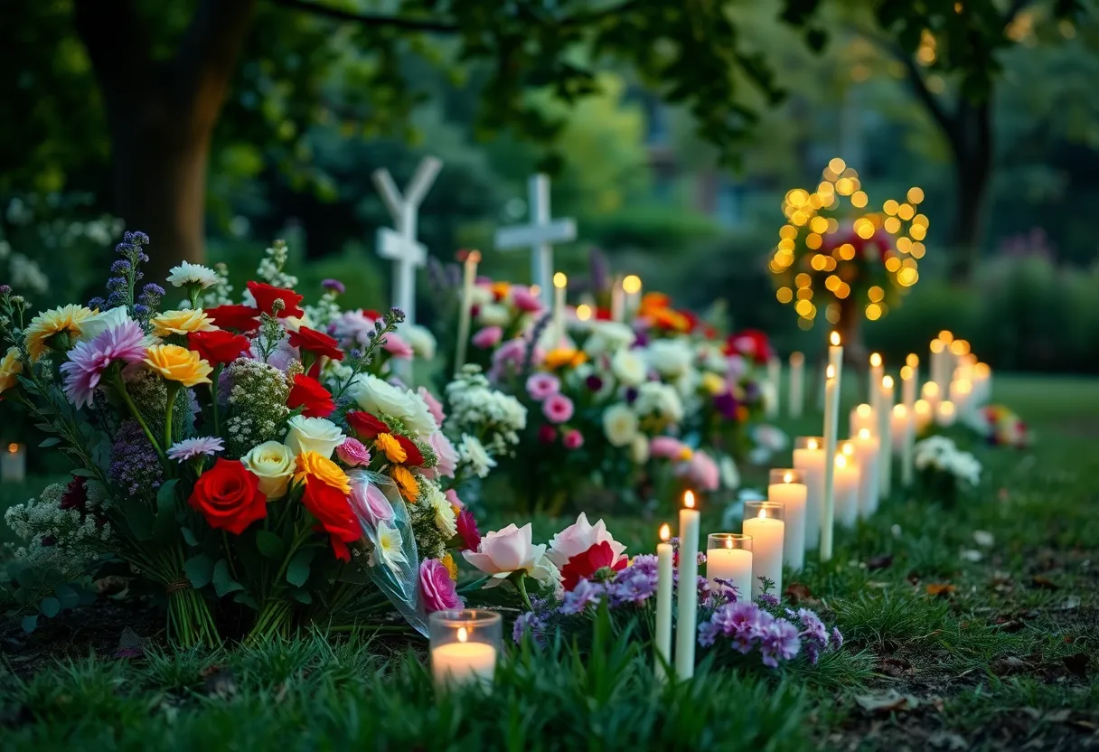 A peaceful garden with flowers and candles, representing a memorial gathering.
