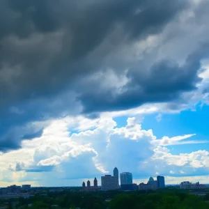 Dark clouds looming over Memphis skyline with a hint of sunlight