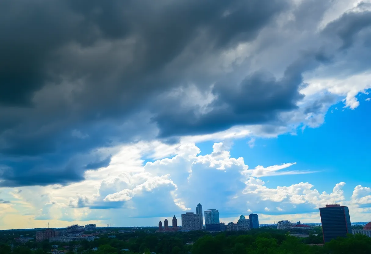 Dark clouds looming over Memphis skyline with a hint of sunlight
