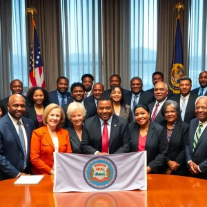 Diverse group of lawyers celebrating new leadership in Mississippi Bar with flags in the background
