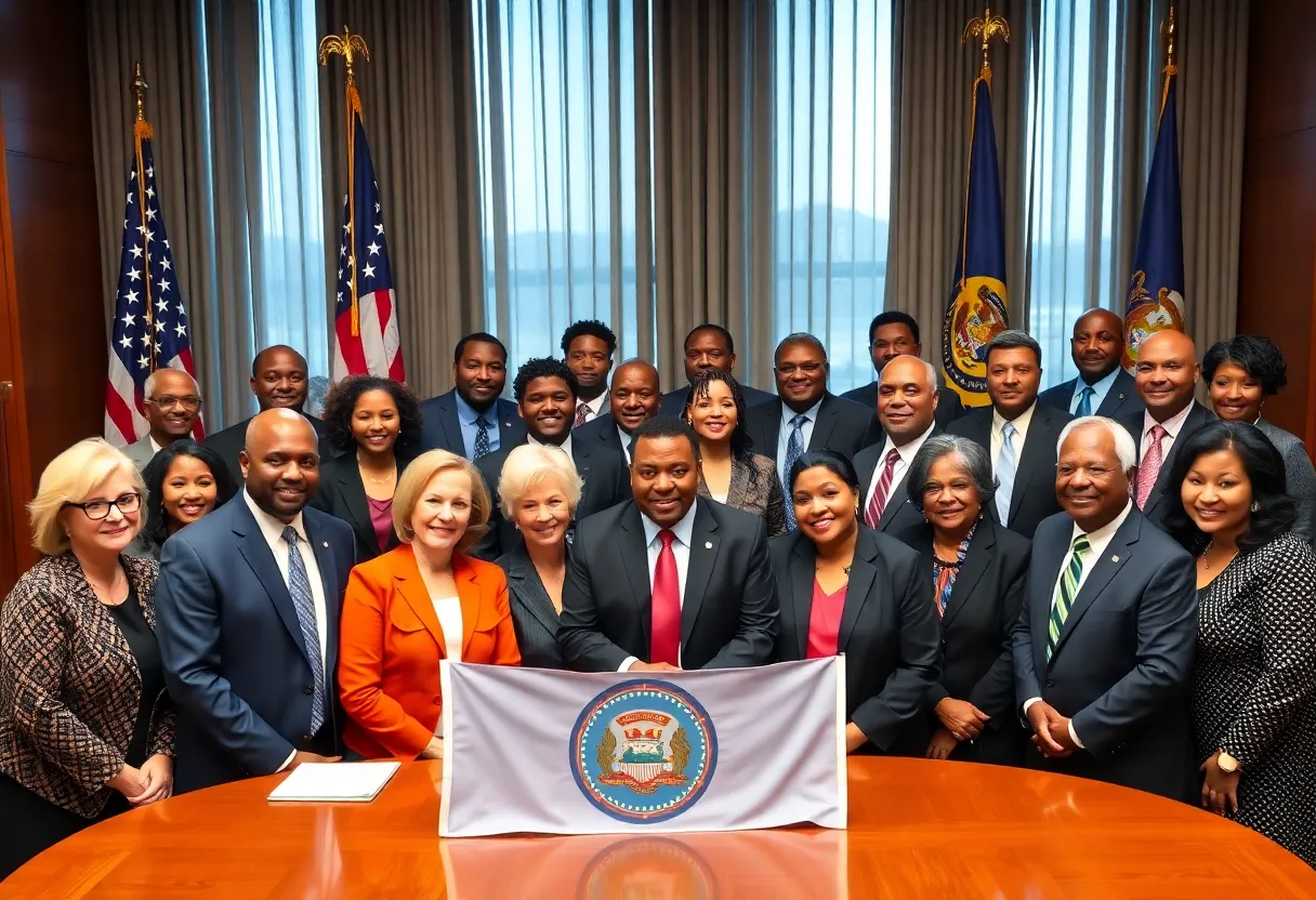 Diverse group of lawyers celebrating new leadership in Mississippi Bar with flags in the background