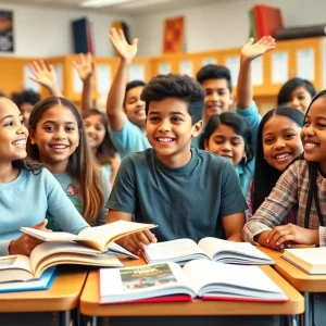 Students celebrating their academic achievements in a classroom.