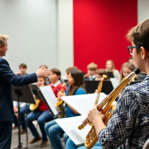 Ole Miss band rehearsal featuring young musicians and a conductor