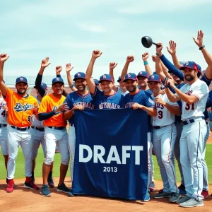 Ole Miss baseball team celebrating their MLB draft success with joy and team spirit.