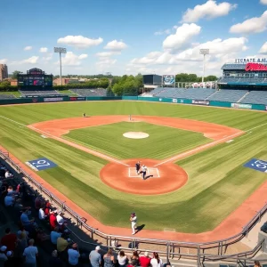 Ole Miss baseball field with players and fans