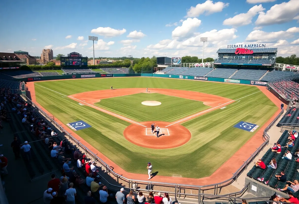Ole Miss baseball field with players and fans