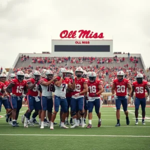 Celebration of Ole Miss football players on the field