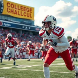 Ole Miss football players in action during practice with recruiting banners.