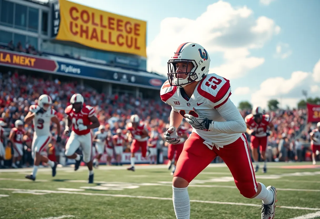 Ole Miss football players in action during practice with recruiting banners.
