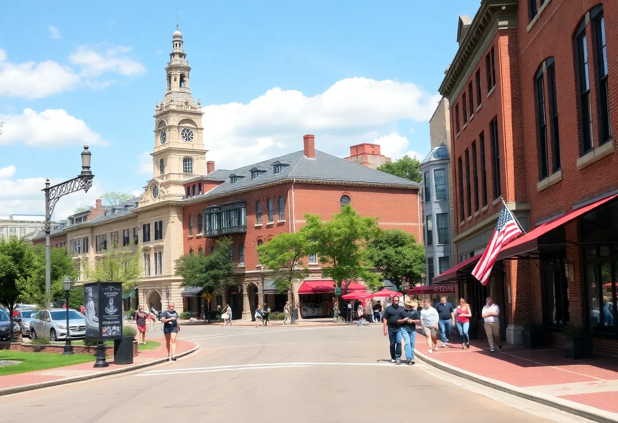 A busy street in Oxford Mississippi with historical architecture