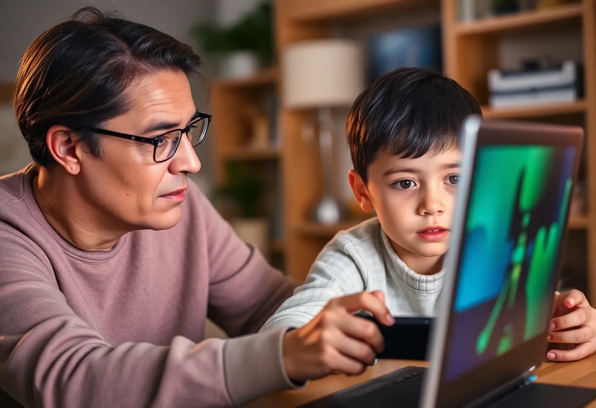 A parent supervising a child during online gaming.