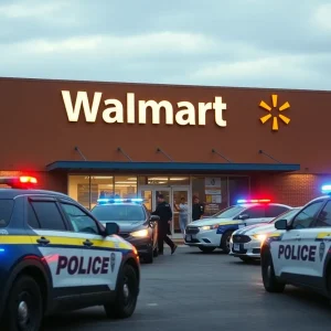 Police cars outside a Walmart store during an investigation.