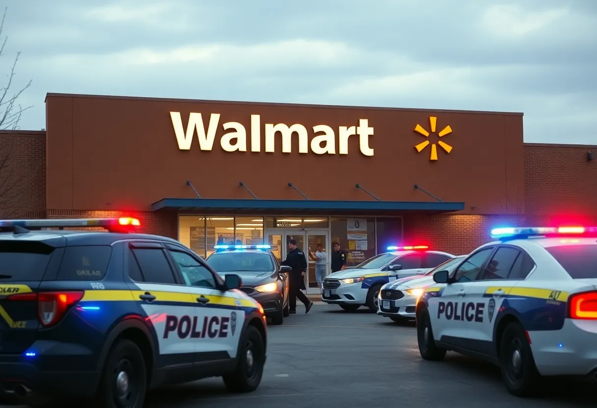 Police cars outside a Walmart store during an investigation.