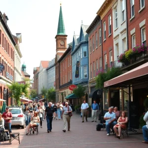 A lively street scene in an SEC college town with historical buildings and outdoor cafés