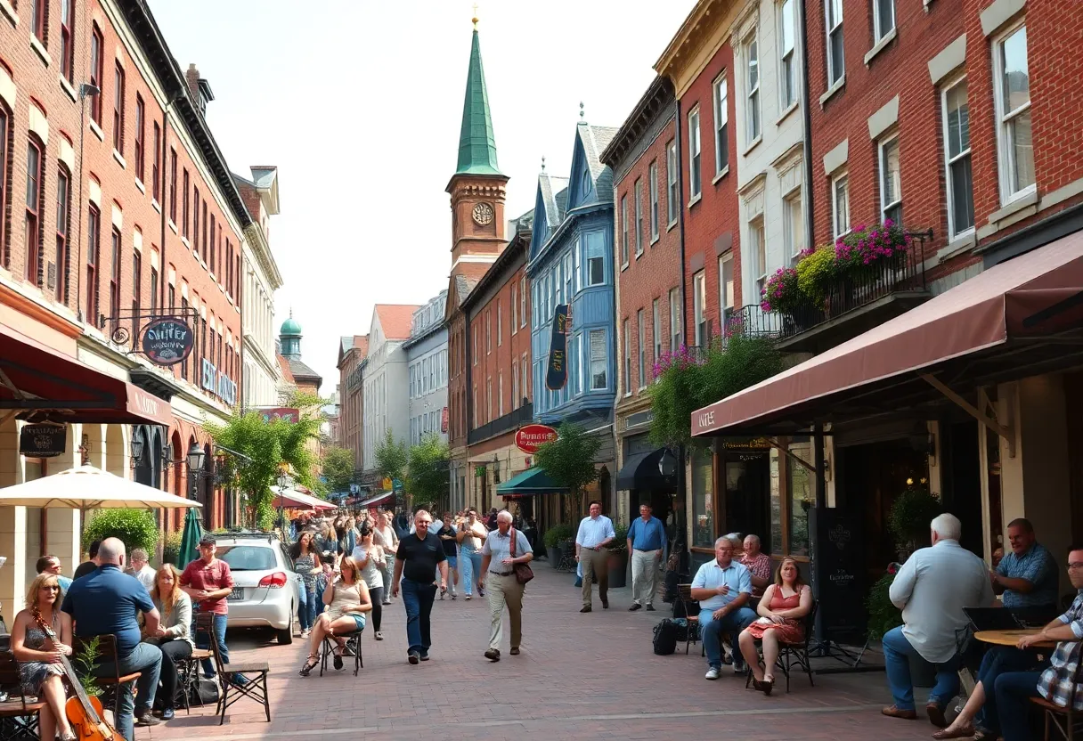 A lively street scene in an SEC college town with historical buildings and outdoor cafés