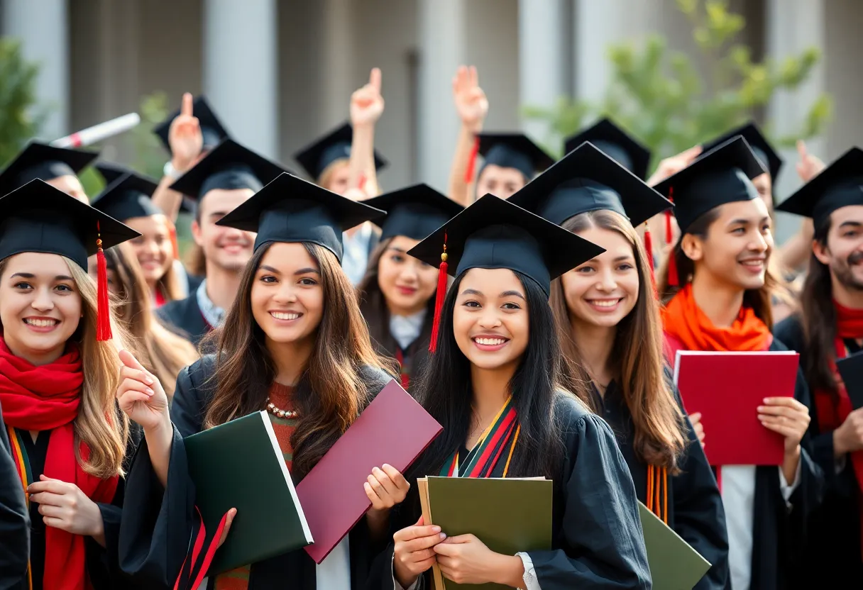 Students celebrating their academic achievements with diplomas.