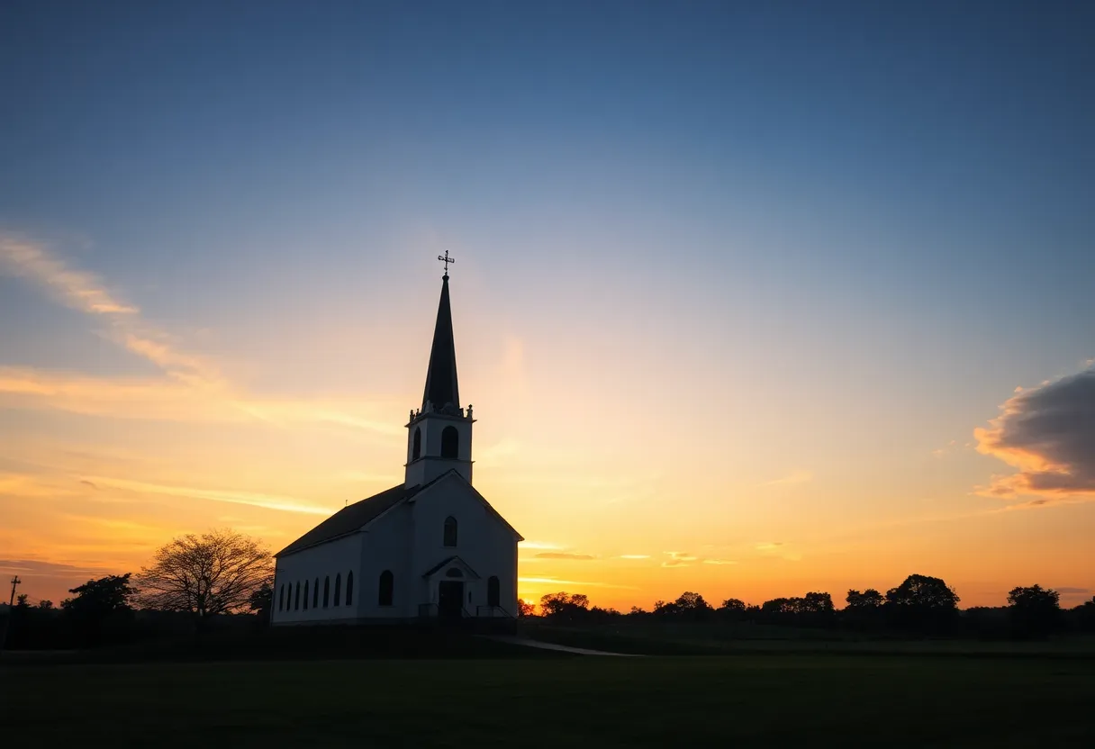 A sunset over a church representing faith