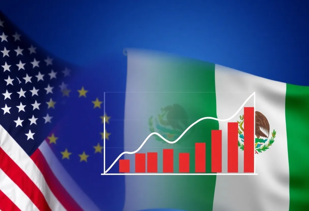 Symbolic representation of trade tariffs involving the U.S., EU, and Mexico.