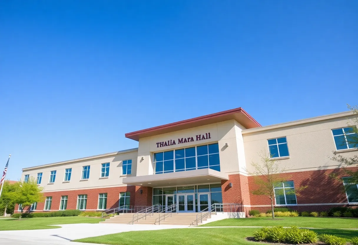 Exterior view of Thalia Mara Hall depicting its beautiful entrance post renovation