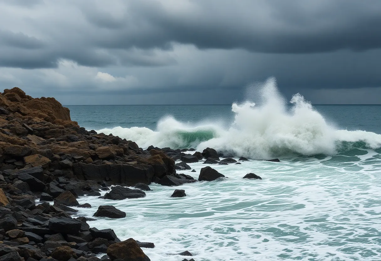 A large tsunami wave crashing against the shore after an earthquake, with dark clouds in the sky