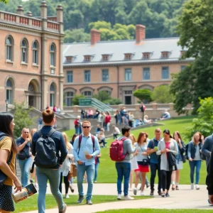 Students on a university campus dedicated to their studies.