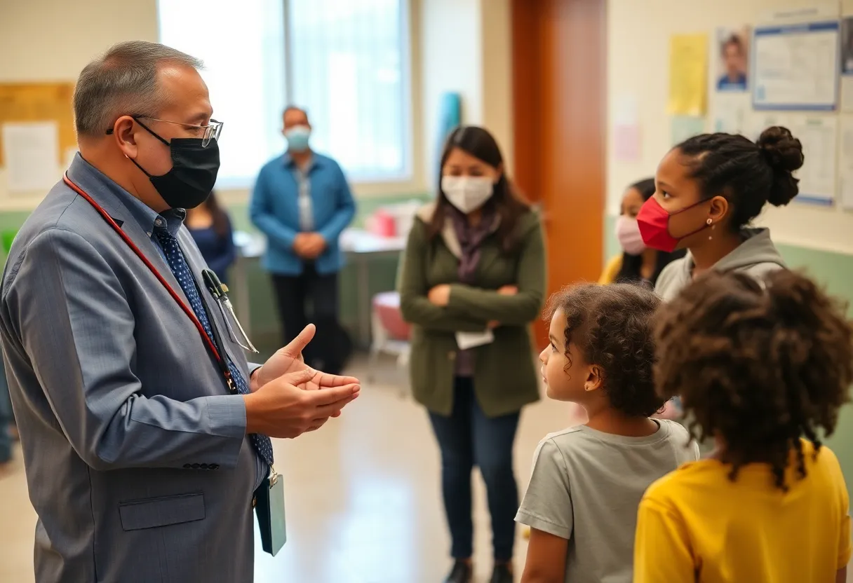 Health official speaking to a group about whooping cough prevention