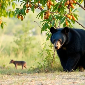 Black bear in a Mississippi orchard near fruit trees.