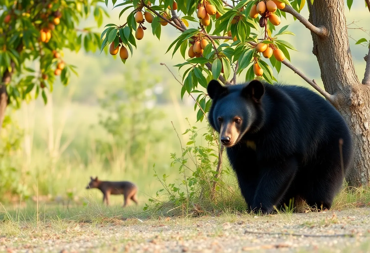 Black bear in a Mississippi orchard near fruit trees.