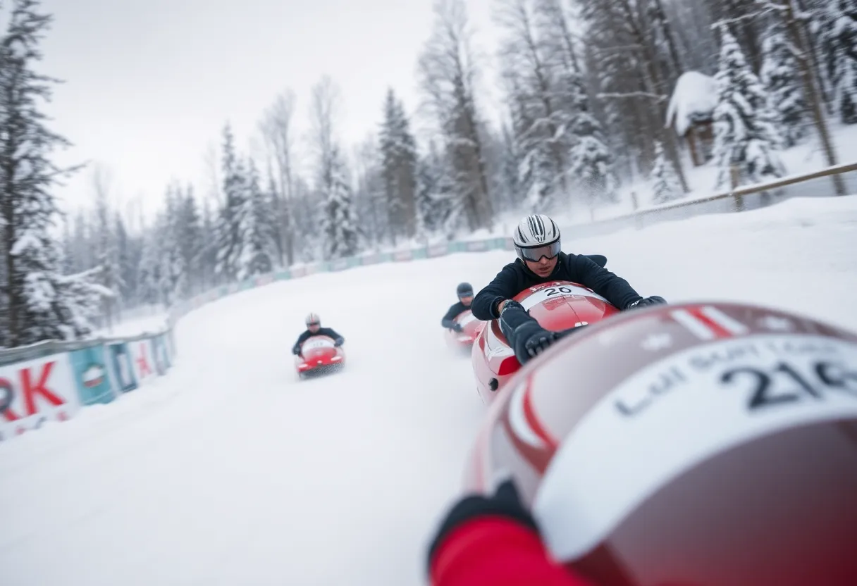 Bobsledding athletes training on an icy track