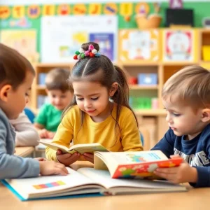 Children participating in literacy activities in a classroom.
