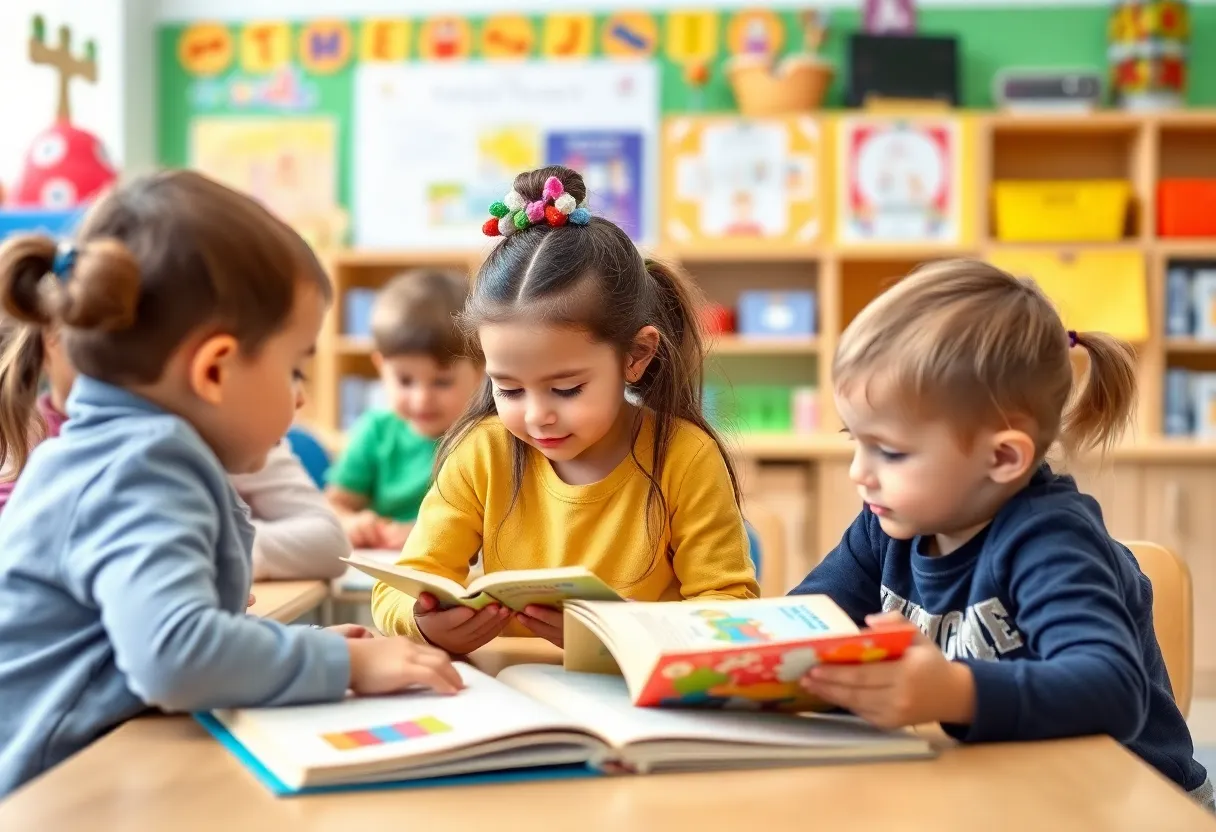 Children participating in literacy activities in a classroom.