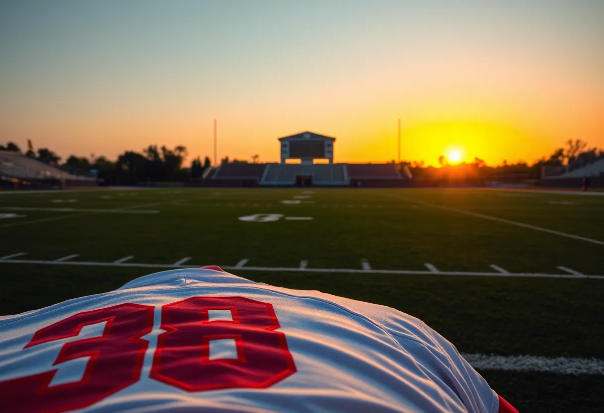 A football field with a jersey and university logo representing the Chucky Mullins Courage Award.