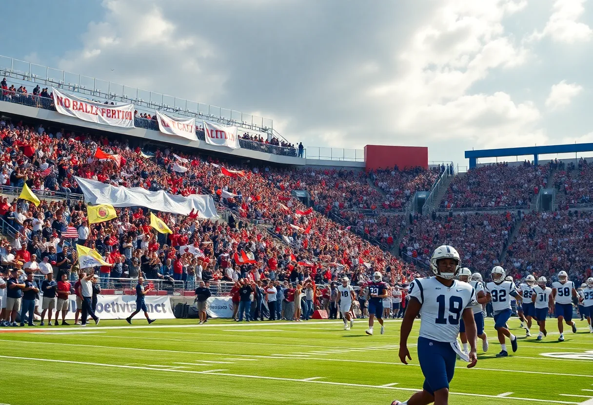 Energetic college football game with fans cheering
