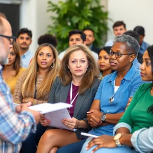 Diverse community members discussing child safety in a meeting.