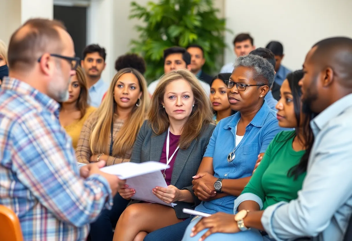 Diverse community members discussing child safety in a meeting.