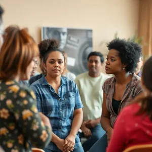 Community members engaged in a discussion about child safety and prevention of sexual violence.