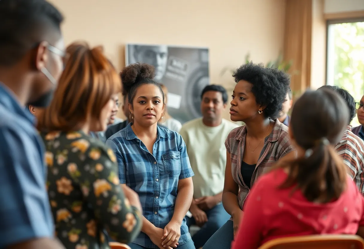 Community members engaged in a discussion about child safety and prevention of sexual violence.