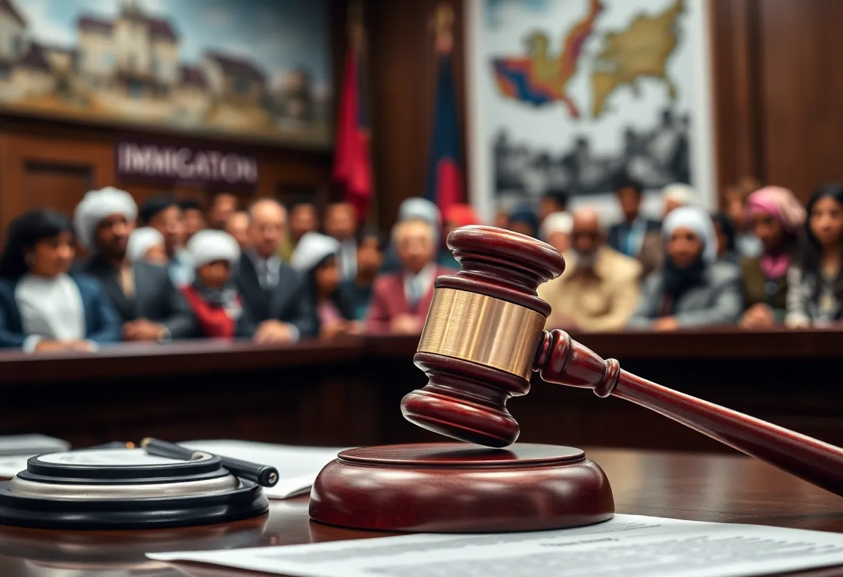 Image depicting a courtroom with a gavel and legal documents