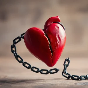 Symbolic representation of domestic violence awareness with a broken heart and chain.